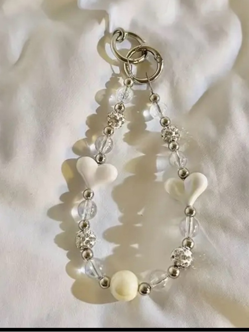 Delicate White Heart Beaded Phone Chain